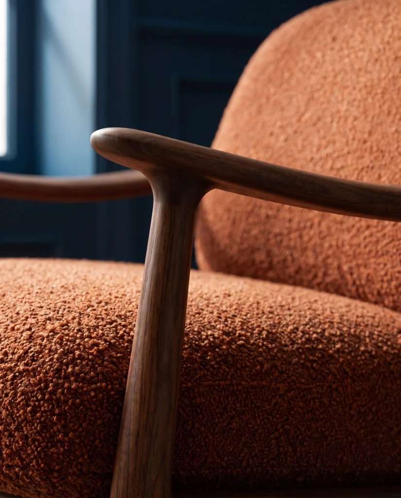 Curved walnut chair arm and rust upholstery detail.