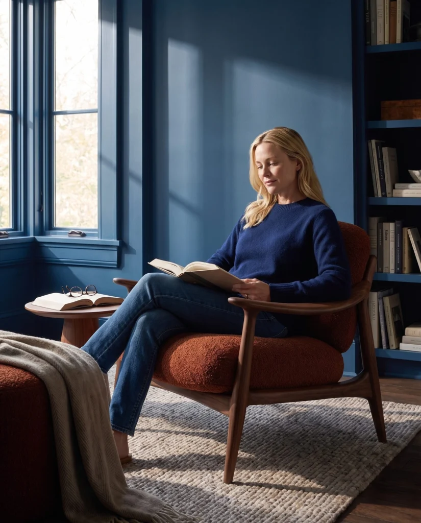 Adult woman reading in the rust upholstered walnut chair.