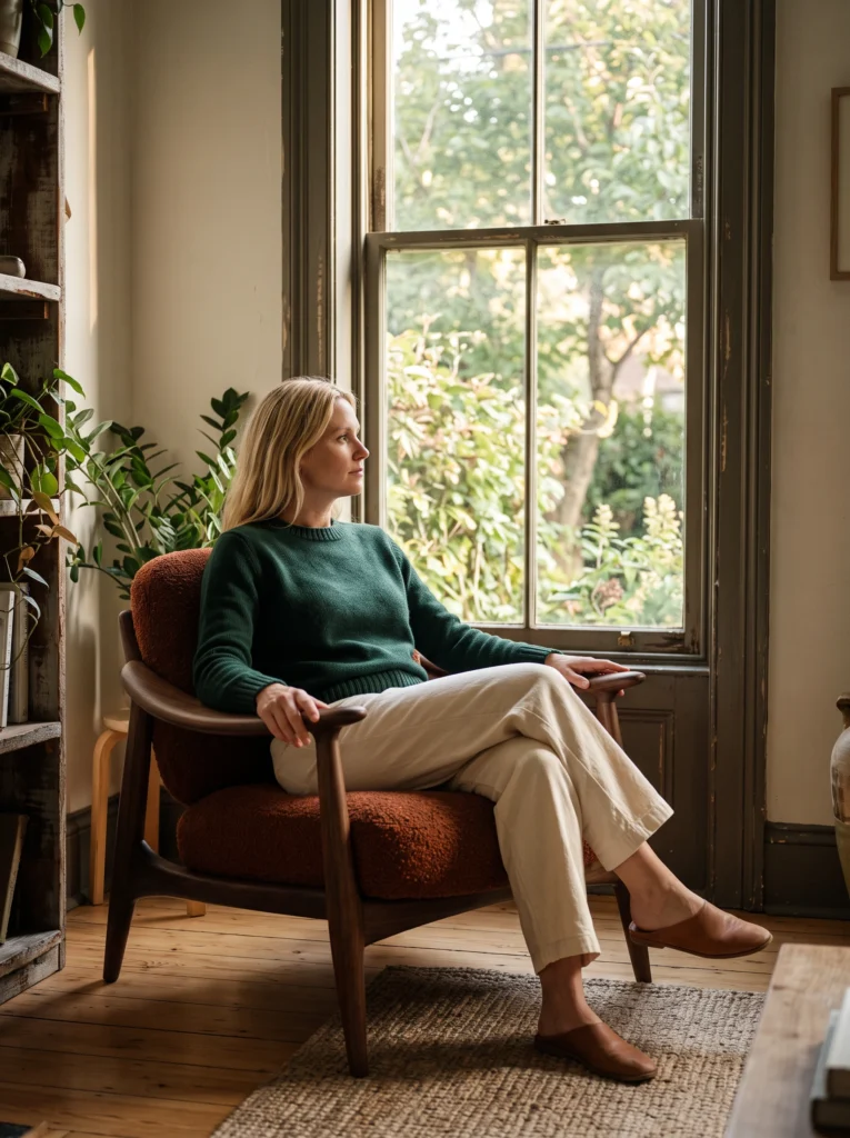 Rust upholstered walnut chair: woman resting in the chair beside a garden window.