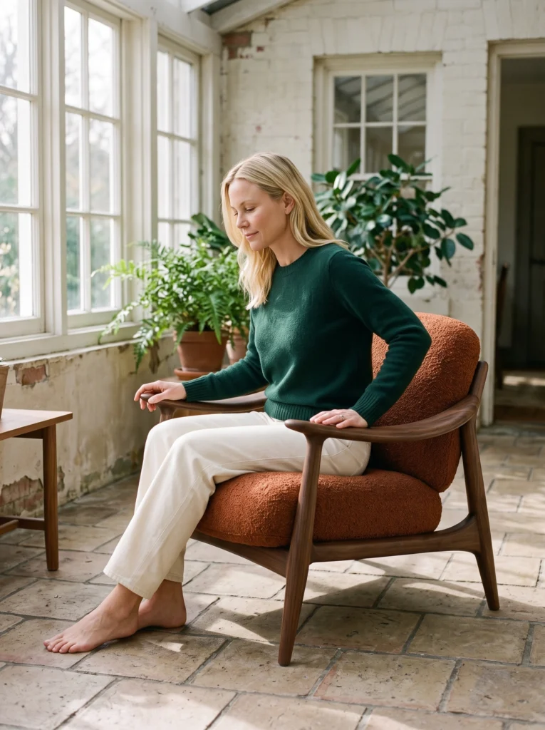 Barefoot blonde woman in green knitwear and cream trousers settling into the rust chair in a bright sunroom.