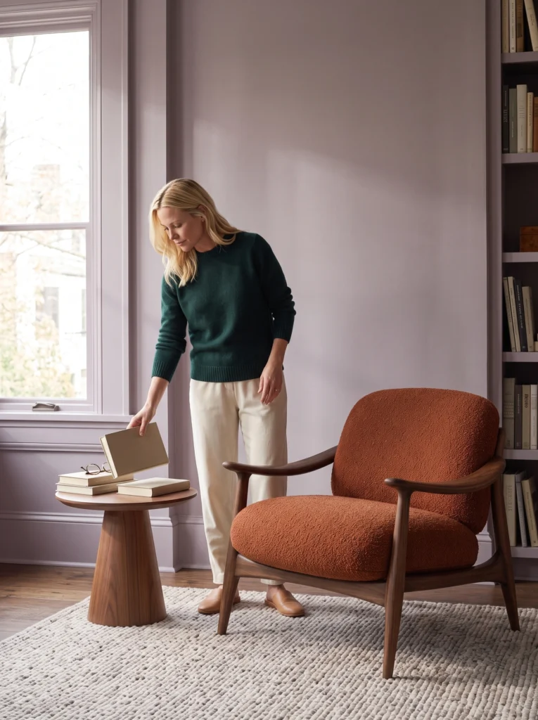Blonde woman in green knitwear and cream trousers choosing a closed book beside the rust chair in a lilac room.