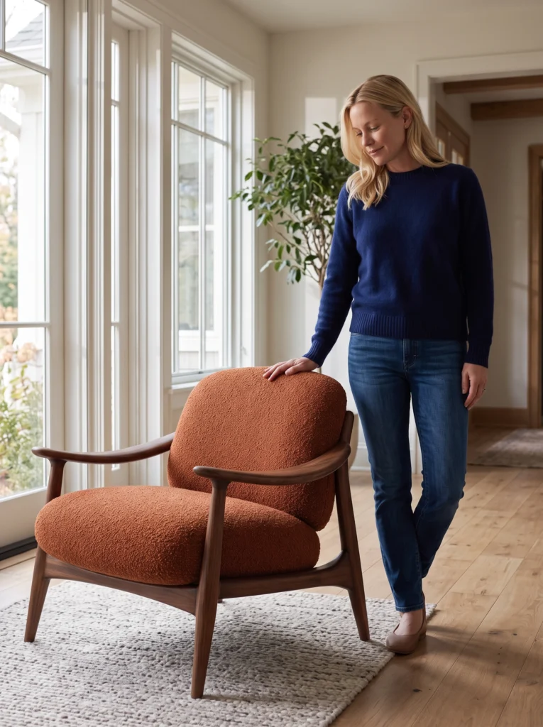 Blonde woman in navy knitwear and jeans resting a hand on the rust upholstered chair backrest.