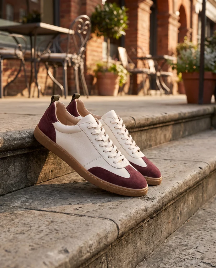 Complete ivory and burgundy sneaker pair on stone café steps.