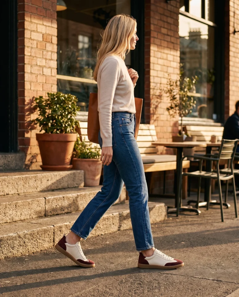 Adult blonde woman walking in ivory and burgundy sneakers and indigo jeans.