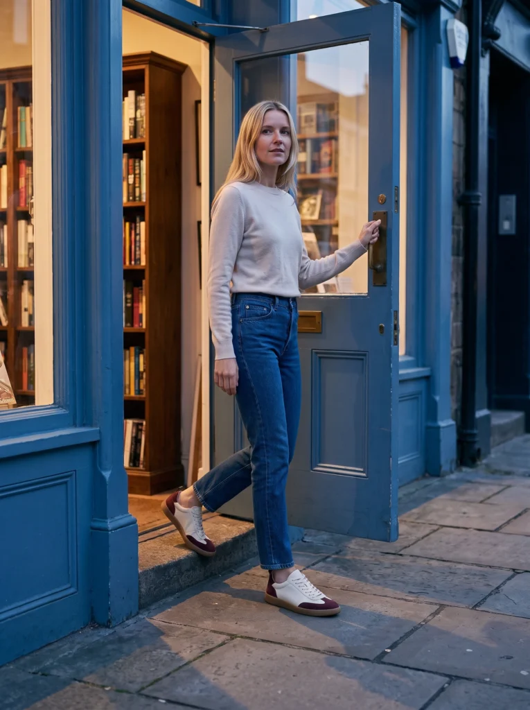 Blonde woman in ivory-and-burgundy sneakers outside a blue bookshop at dusk.