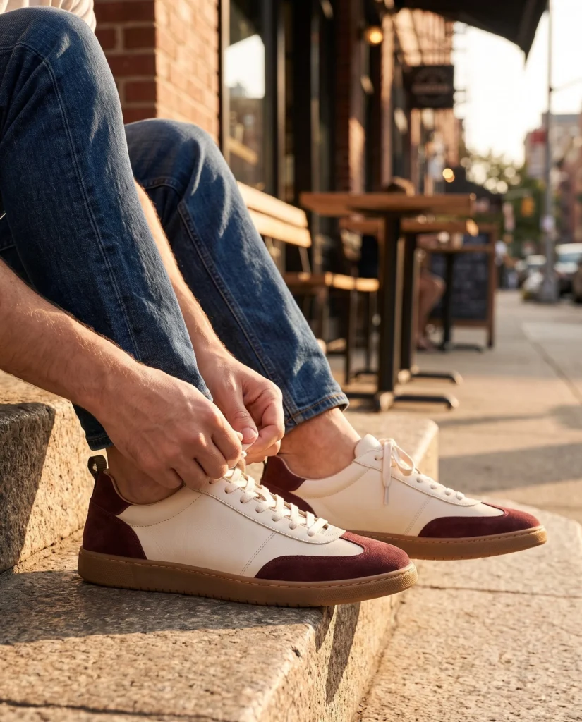 Close view of the complete ivory-and-burgundy sneaker pair with hands tying a lace, showing panels, stitching and gum soles on stone steps.