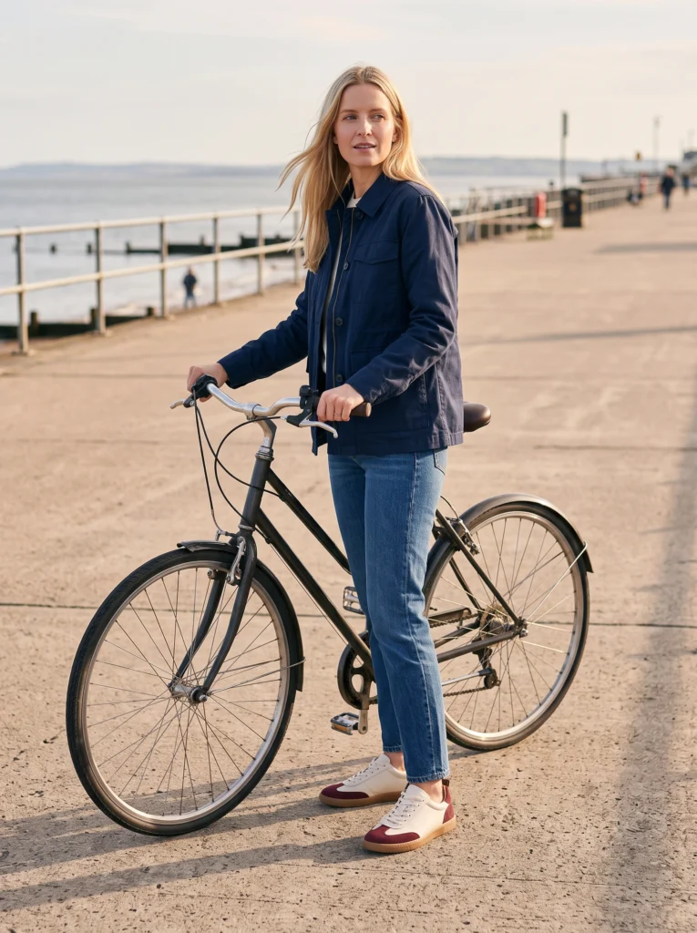 Blonde woman in a navy jacket and jeans standing beside a bicycle with both sneakers on the promenade.