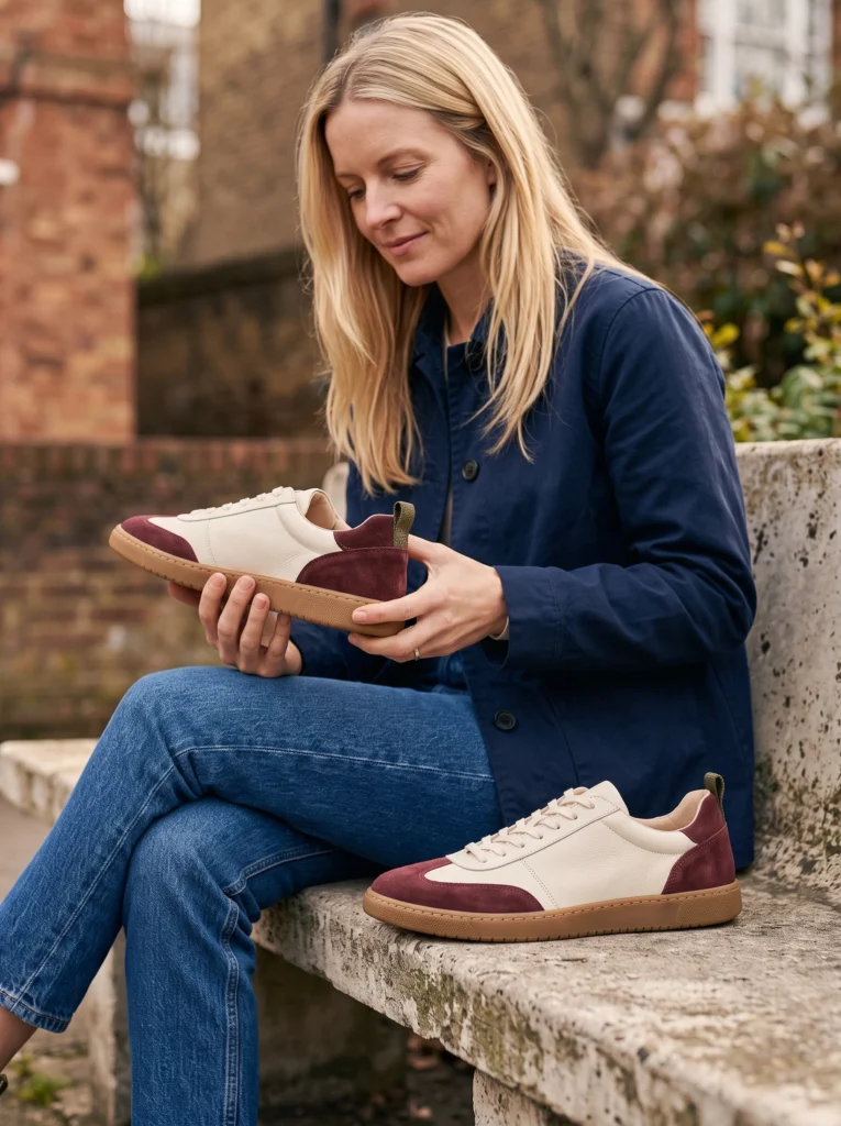 Blonde woman holding one complete sneaker while the matching shoe rests on a concrete bench.
