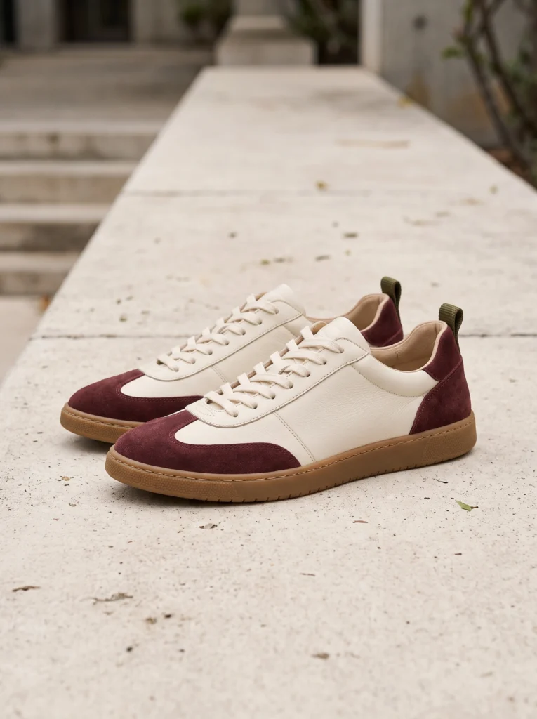 Complete cream and burgundy sneaker pair photographed from slightly above on pale concrete.