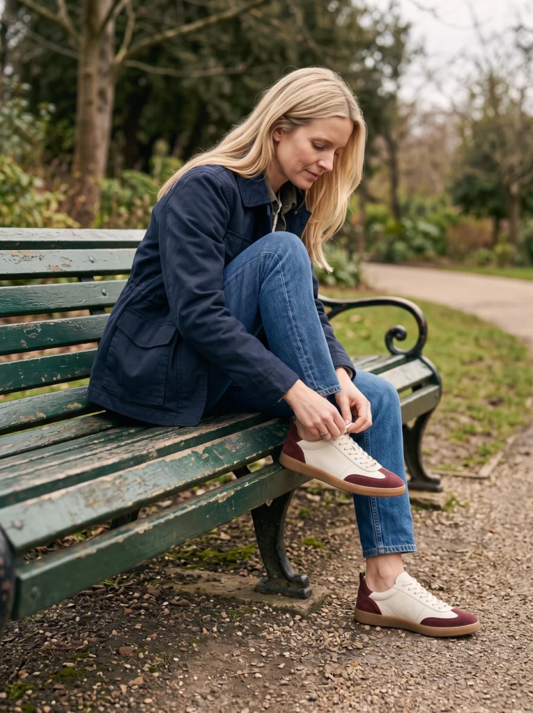 Ivory-and-burgundy sneakers: park bench lacing action with both shoes.