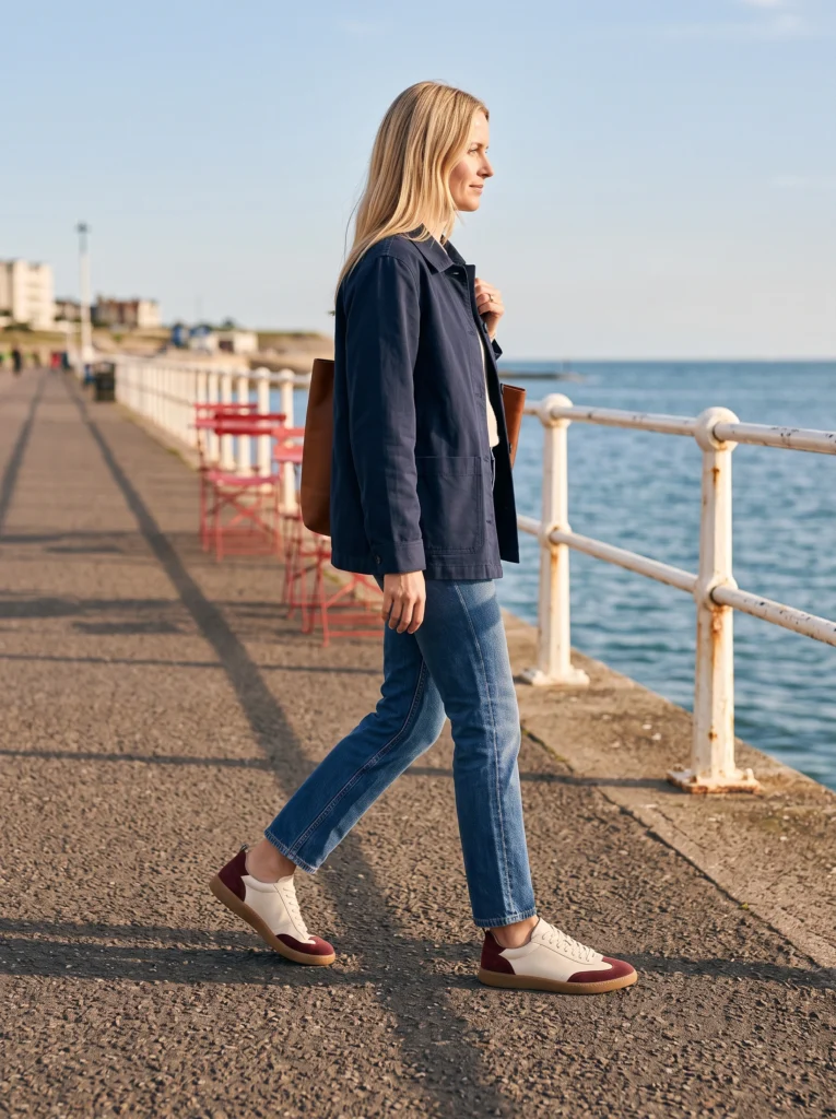Ivory-and-burgundy sneakers: full outfit walking beside a seaside railing.