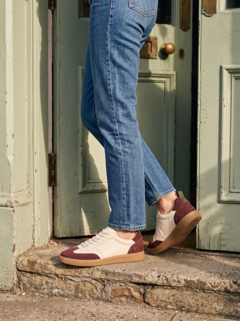 Ivory-and-burgundy sneakers: lower-body doorway footwear detail.