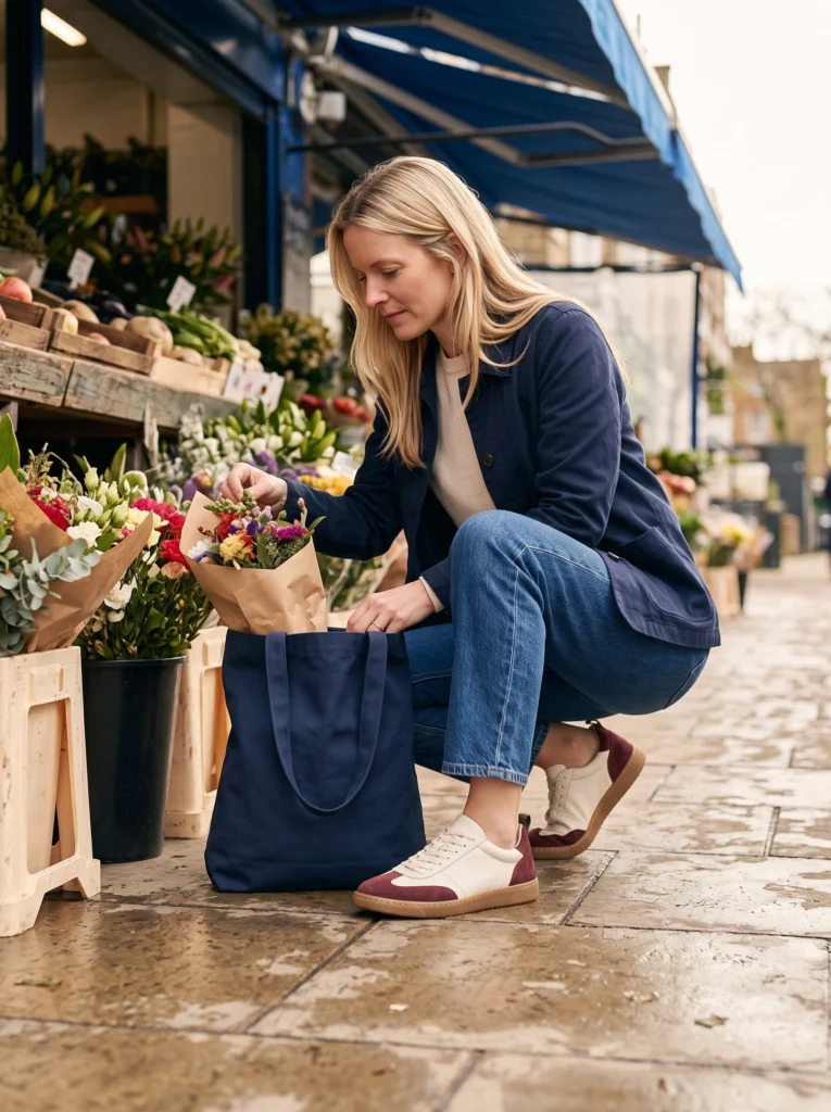 Blonde woman crouching toward a tote at a market while wearing the complete ivory-and-burgundy sneakers.