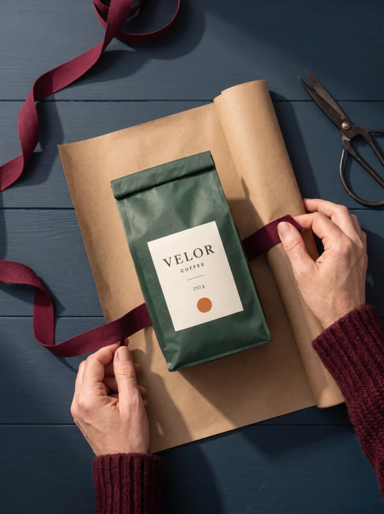 VELOR coffee pouch with kraft paper and burgundy ribbon being arranged on a blue table.