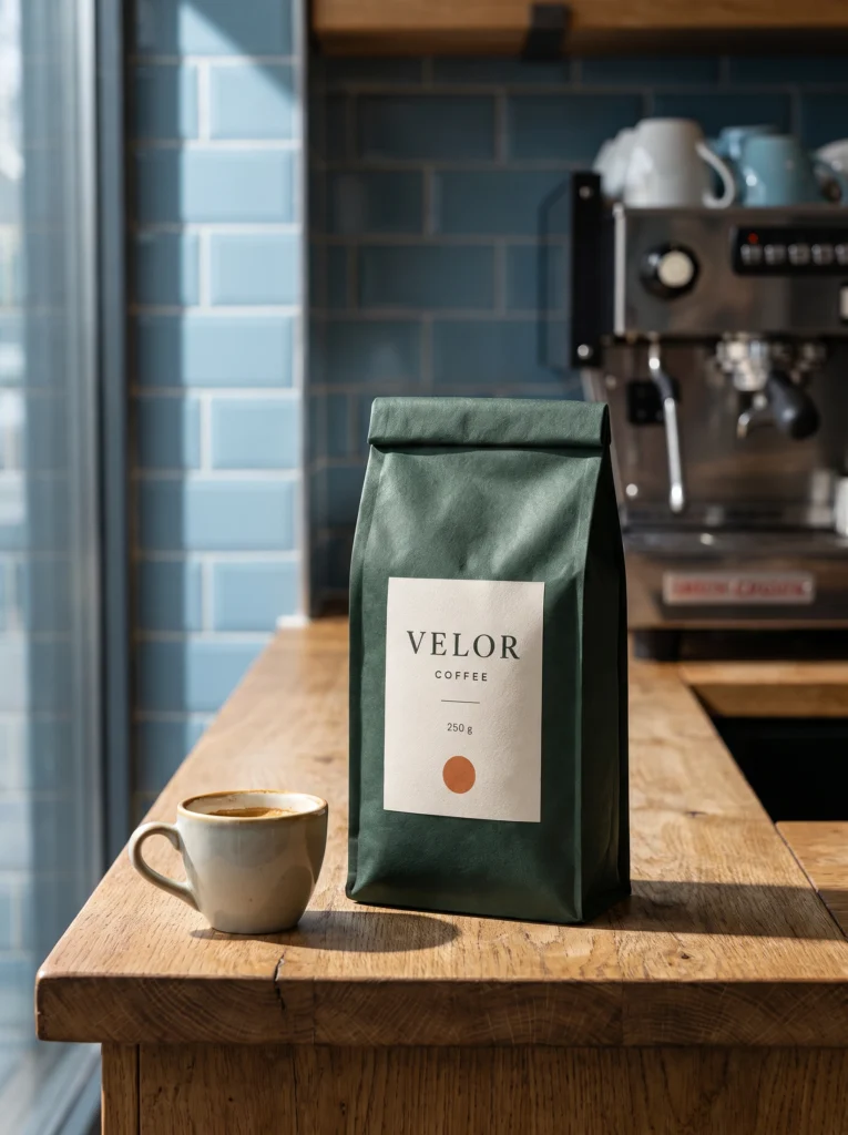Forest-green VELOR coffee pouch beside an espresso on an oak café counter.