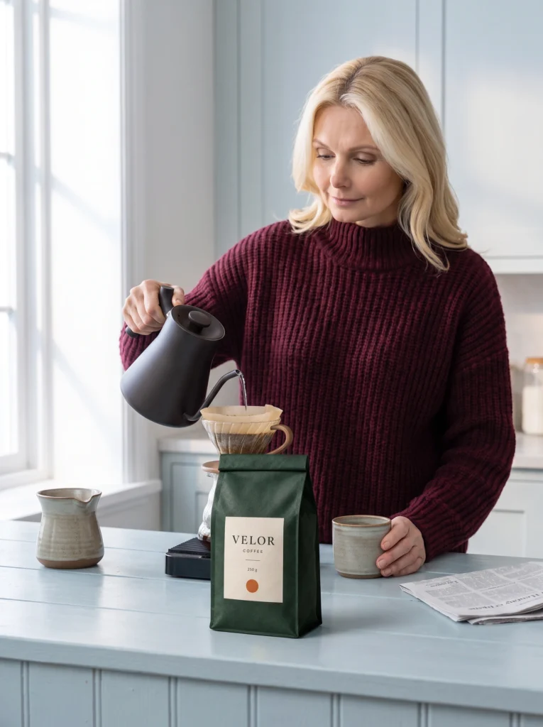 Blonde woman preparing pour-over coffee with the complete VELOR pouch beside the brewer.