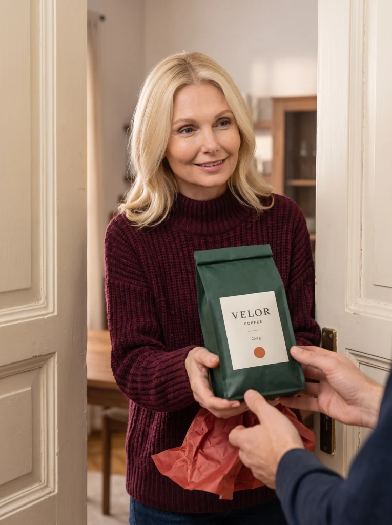 Blonde woman in burgundy knit offers the sealed VELOR coffee pouch to a recipient at a cream doorway.