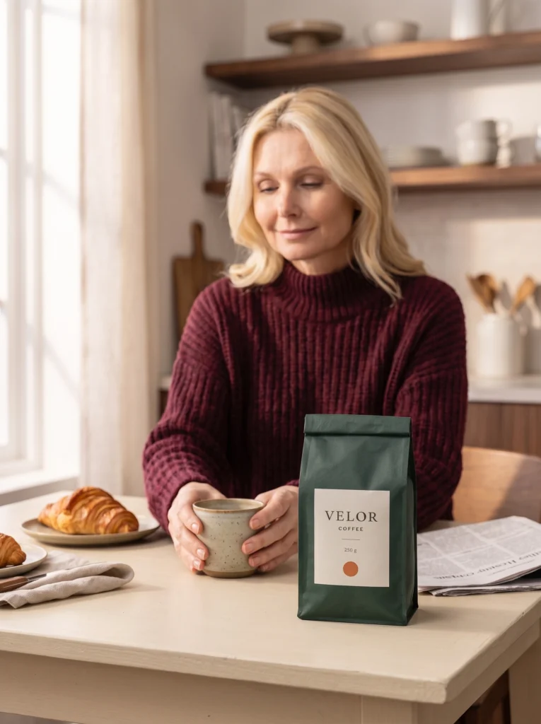 Blonde woman holds a ceramic cup with both hands beside the complete VELOR coffee pouch on a breakfast counter.
