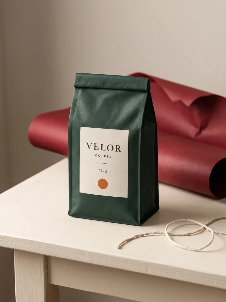 Complete sealed VELOR coffee pouch with red wrapping paper and loose string on a cream counter.