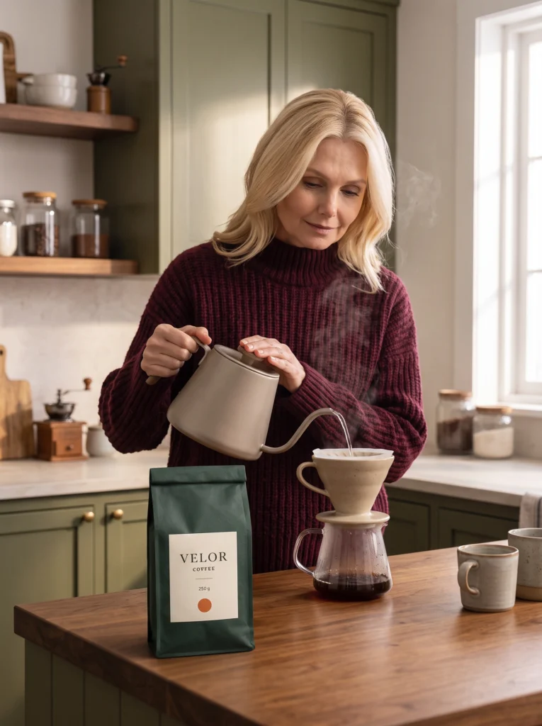 VELOR coffee pouch: pour-over activity with package visible.