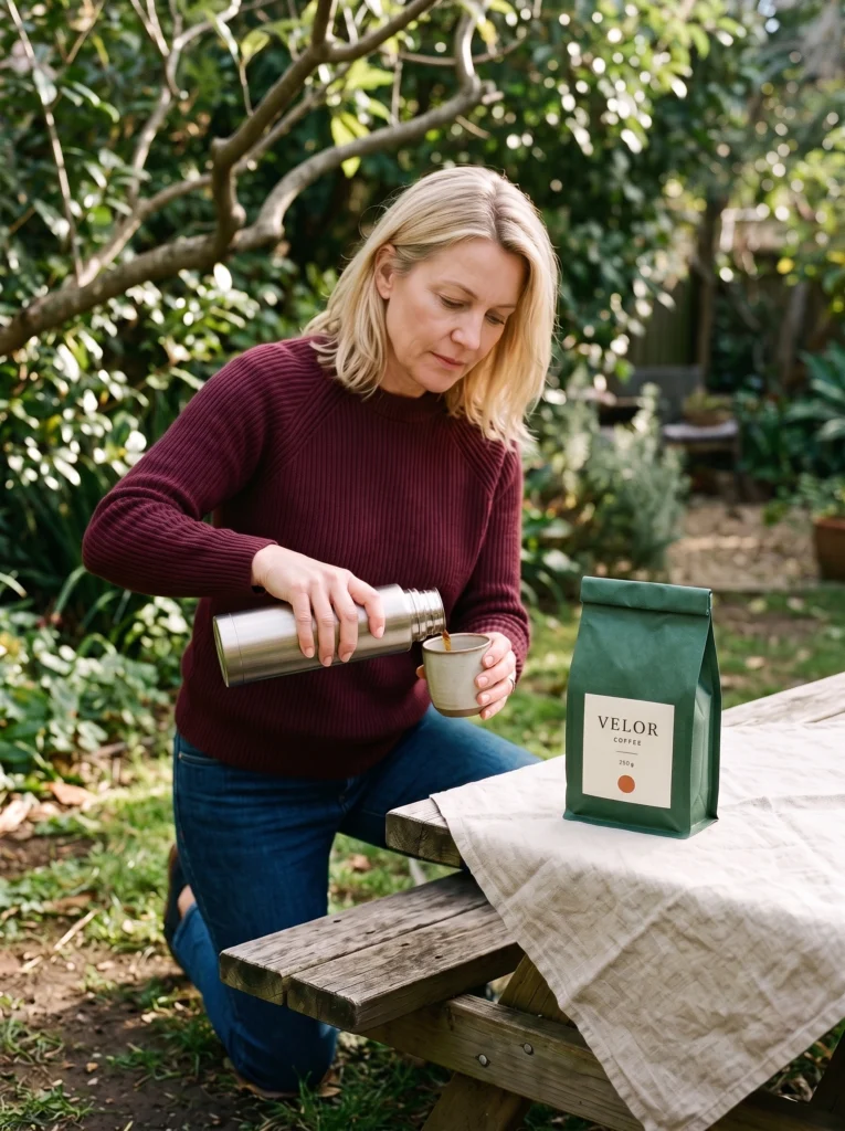 Blonde woman pouring from a thermos at a park picnic beside the complete green VELOR coffee pack.