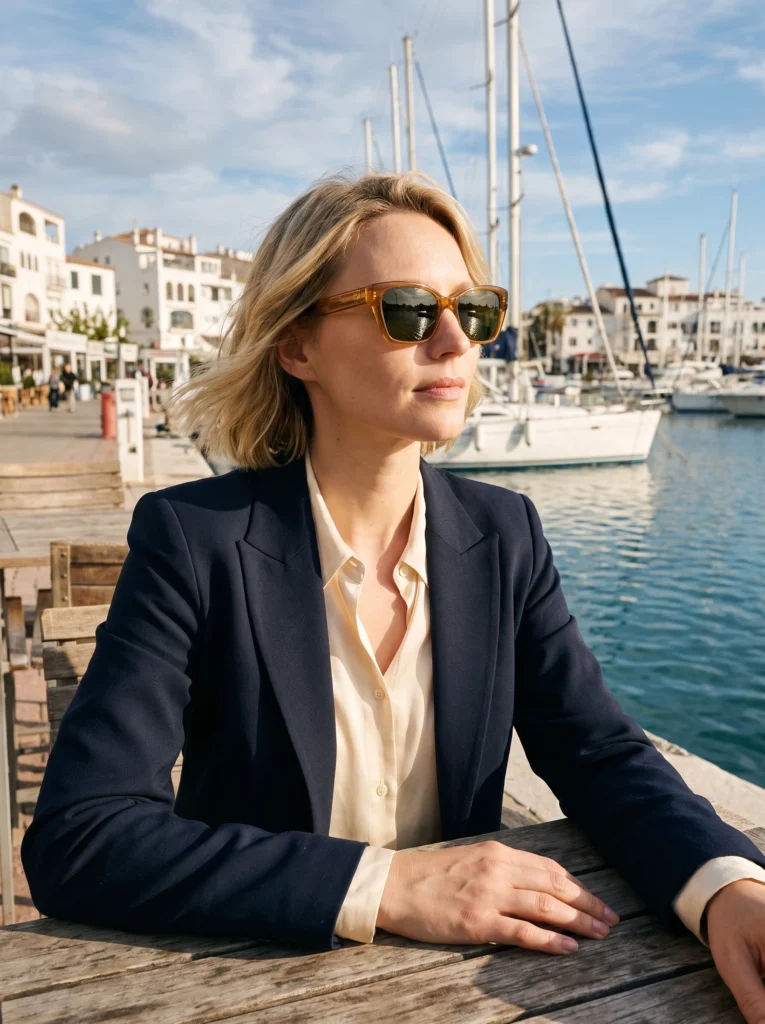 Blonde woman wearing amber rectangular sunglasses and navy tailoring beside a marina.
