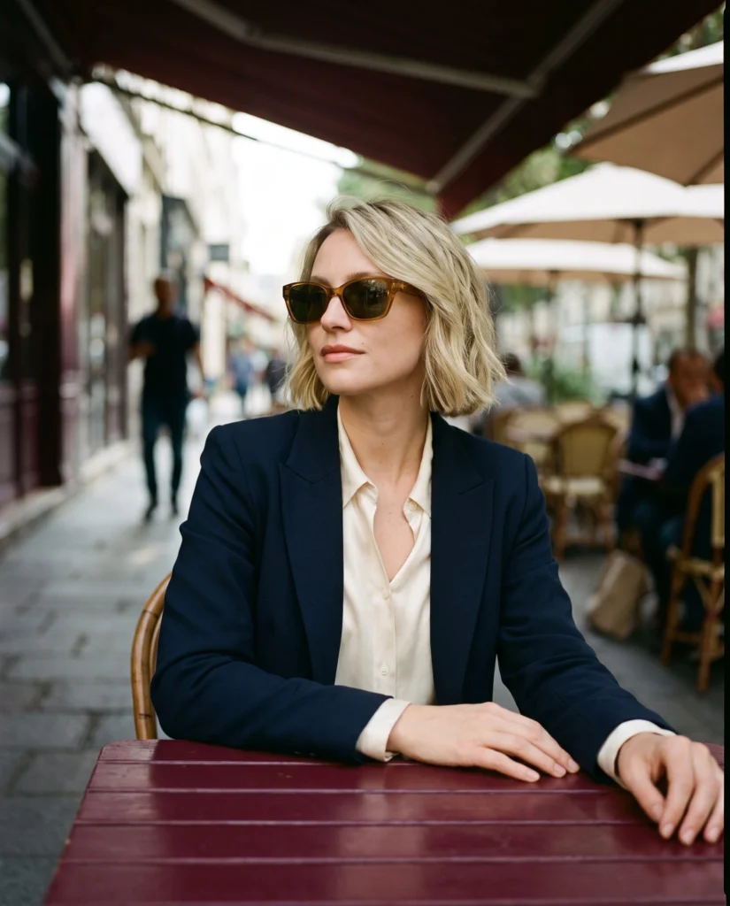 Adult blonde woman wearing amber sunglasses and navy tailoring at a café.