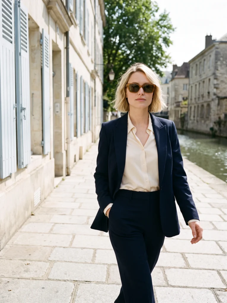 Three-quarter street portrait of a blonde woman wearing amber sunglasses and navy tailoring beside a canal.