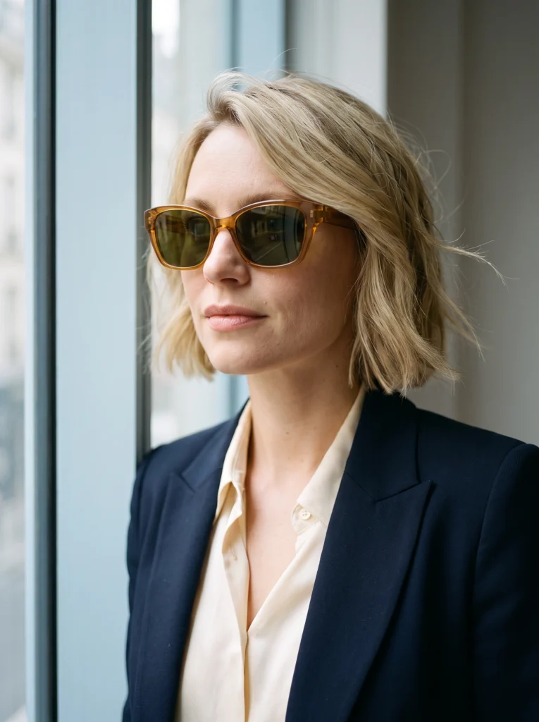 Full-head portrait showing amber rectangular sunglasses, olive lenses and the temple hinge.