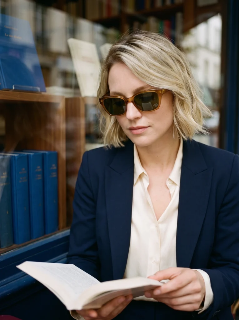 Amber sunglasses worn by the same styled woman reading at a blue bookshop window.