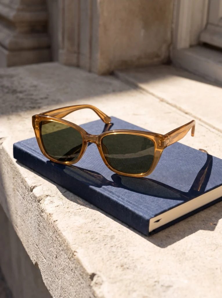 Complete amber sunglasses on a navy notebook at a sunlit stone window ledge.