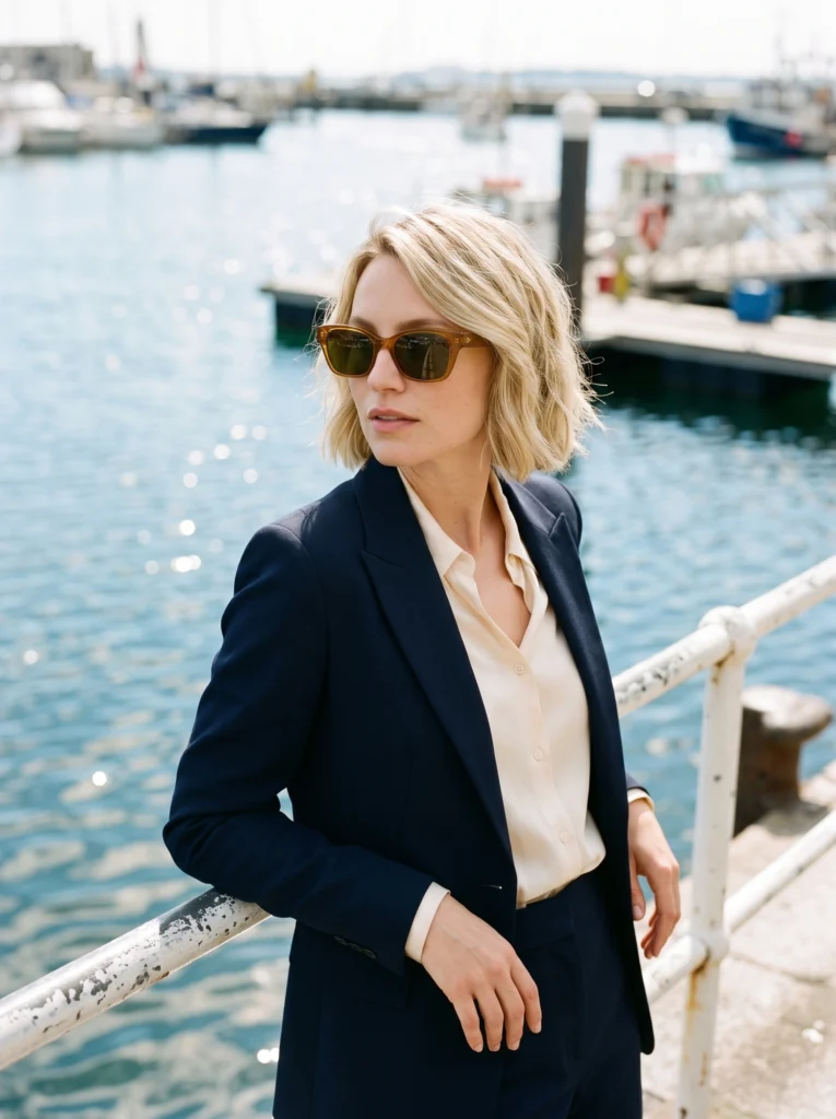 Blonde woman in a navy suit wears amber sunglasses beside a white harbor rail.