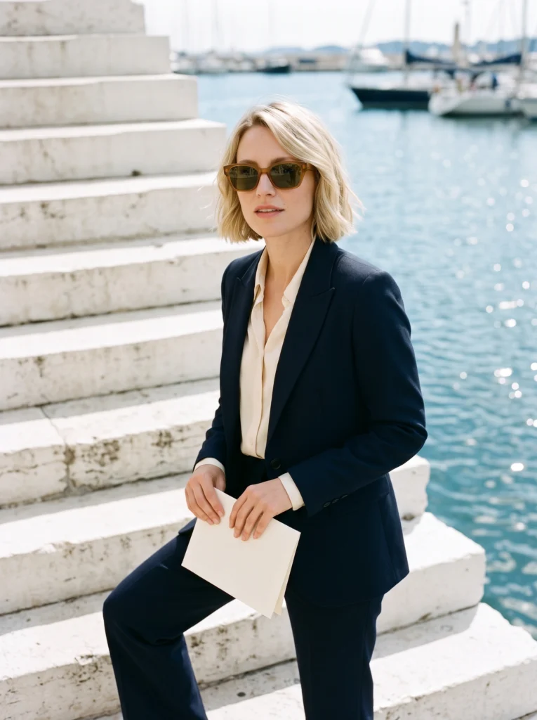 Blonde woman in a navy suit wears amber sunglasses while seated on pale harbor steps holding a plain paper.
