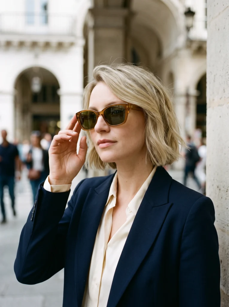 Blonde woman in a navy suit touches the temple of amber sunglasses beneath a pale stone arcade.