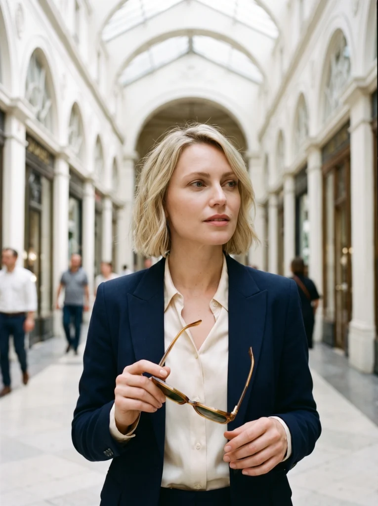 Blonde woman in a navy suit holds an unfolded pair of amber sunglasses tilted below her chest in a stone arcade.