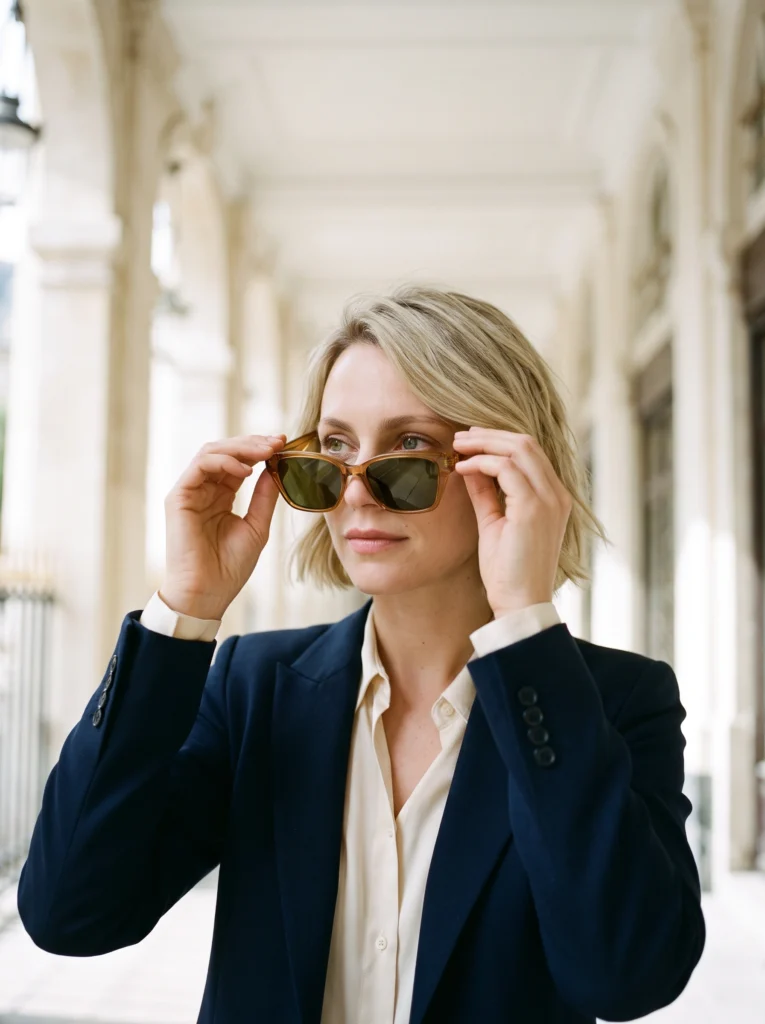 Blonde woman lifts amber sunglasses away from her face with both hands in a pale stone arcade.