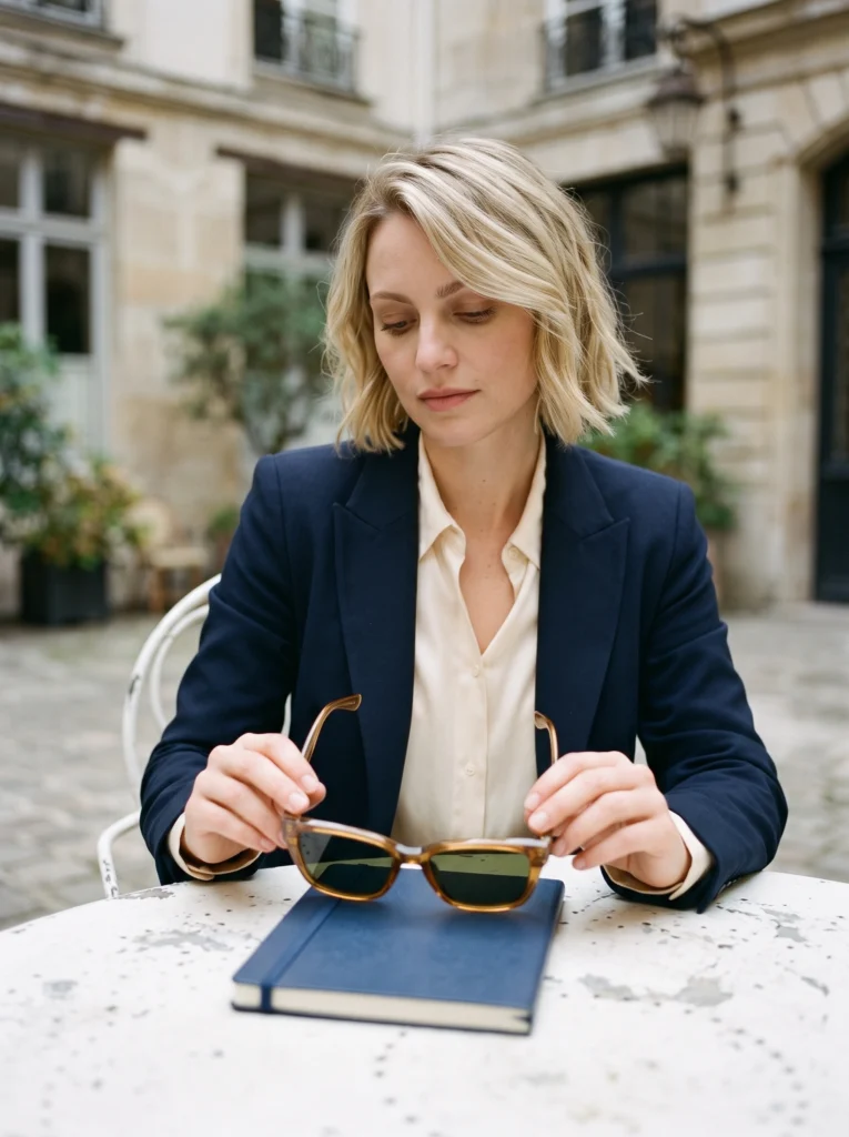 Blonde woman places unfolded amber sunglasses on a navy notebook at an outdoor stone table.