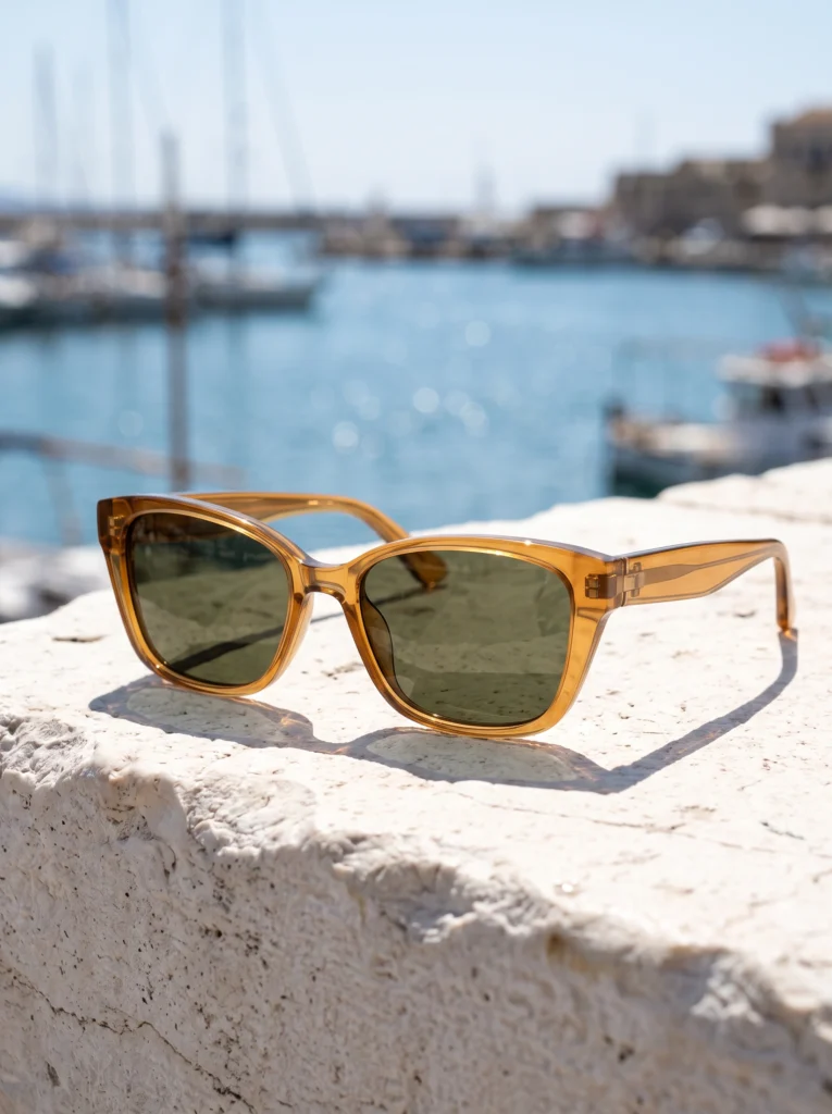 Complete unfolded amber sunglasses on a pale stone ledge beside the harbor.
