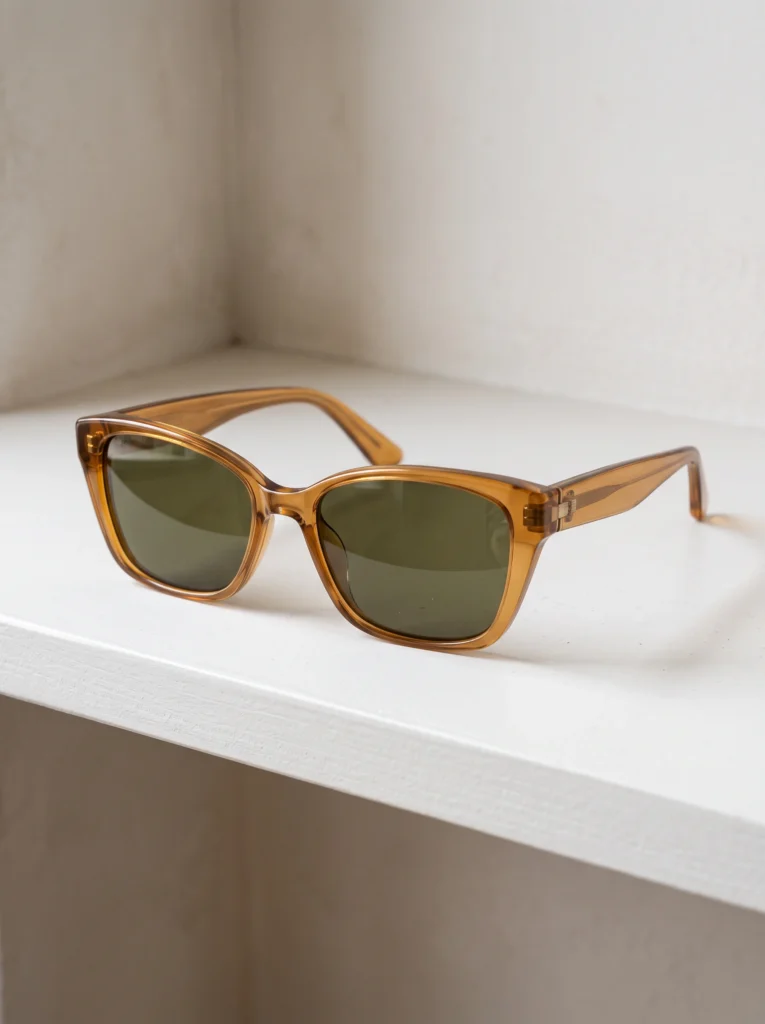 Unfolded amber sunglasses rest on a white stone ledge against a pale wall.