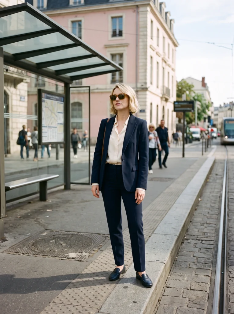 Amber rectangular sunglasses: full-length worn eyewear in transit context.