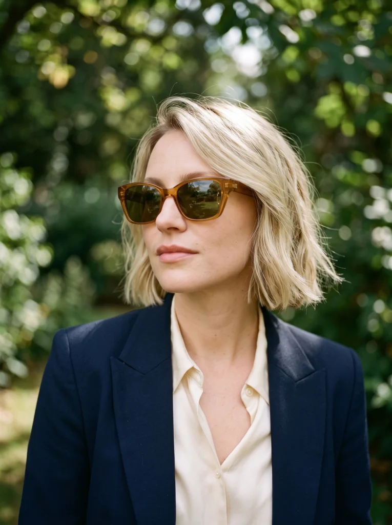 Amber rectangular sunglasses: worn close portrait in garden light.