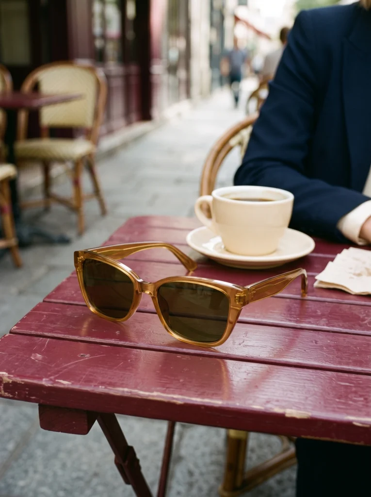 Amber rectangular sunglasses: cafe product foreground with partial model background.