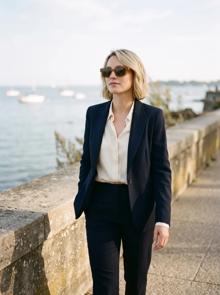 Amber rectangular sunglasses: waist-to-head seaside worn context.