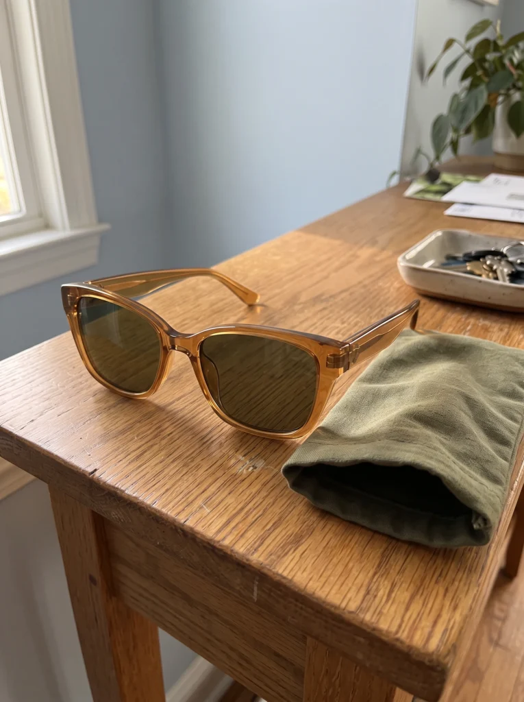 Amber rectangular sunglasses: product-only frame and fabric sleeve.