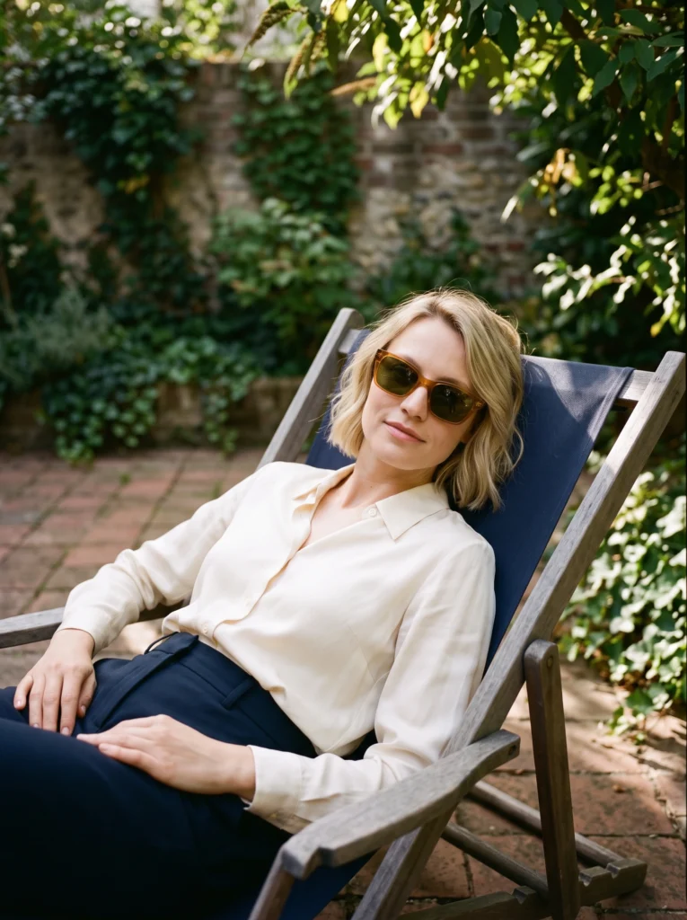 Blonde woman reclining diagonally on a navy garden chaise while wearing amber sunglasses.