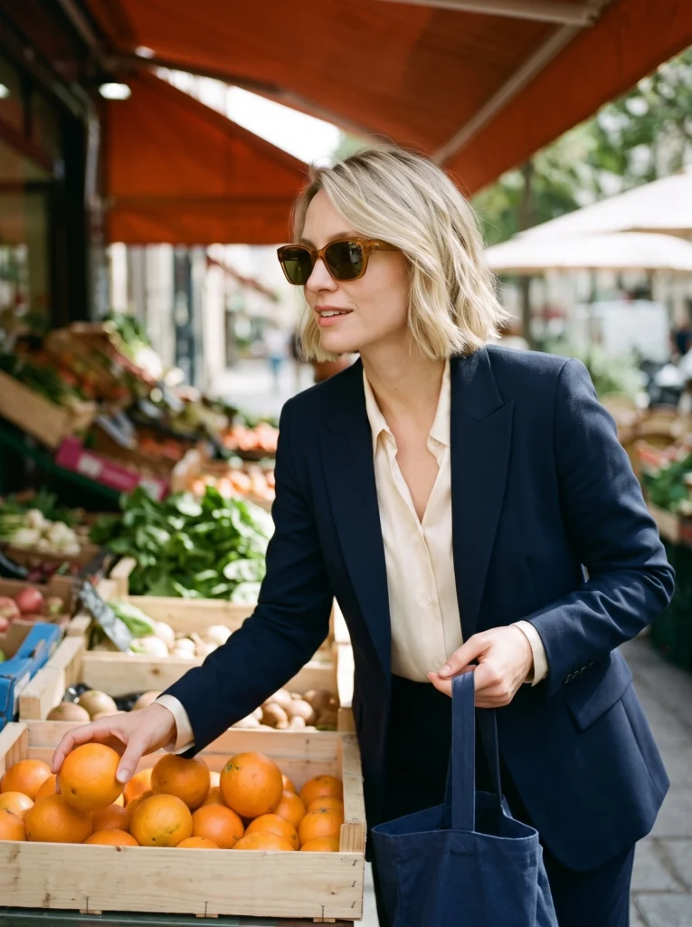 Blonde woman wearing amber sunglasses while choosing produce at an outdoor market.