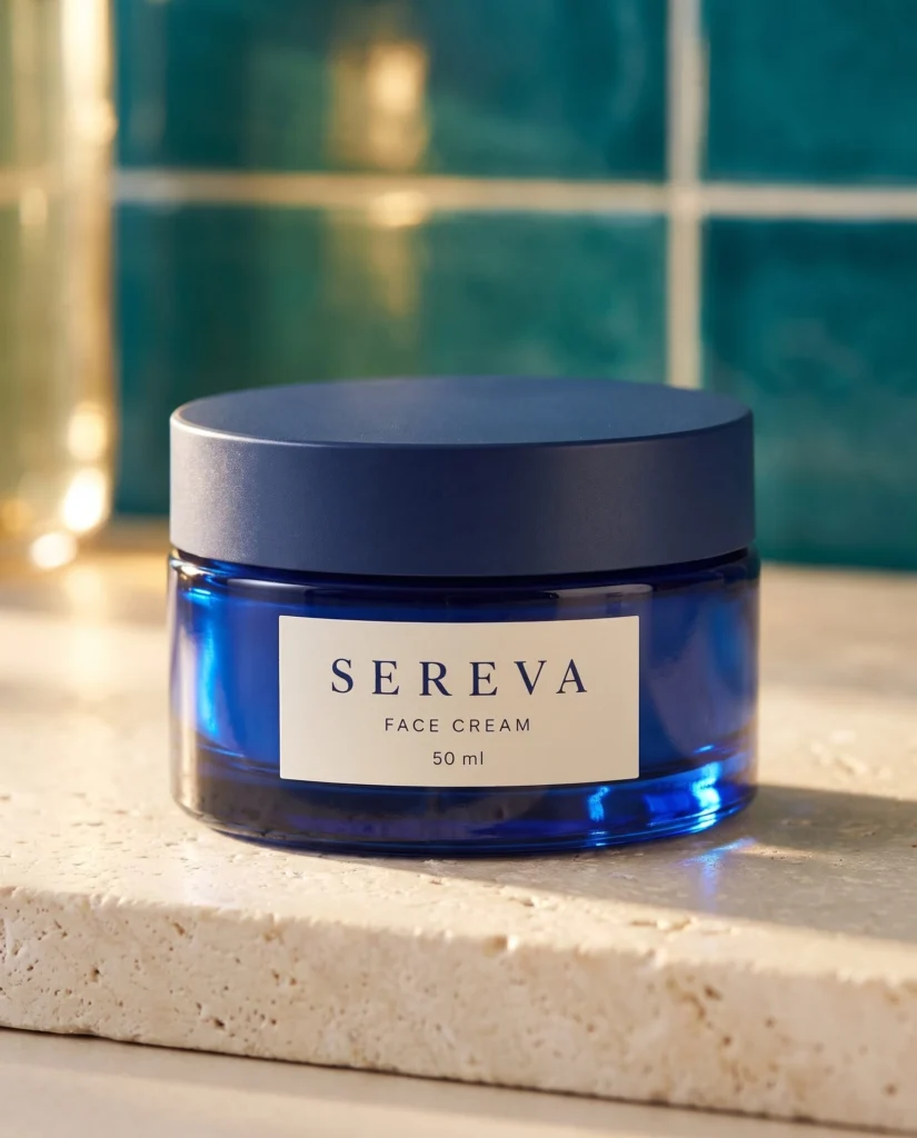 Complete closed cobalt-blue SEREVA jar on a pale bathroom counter.