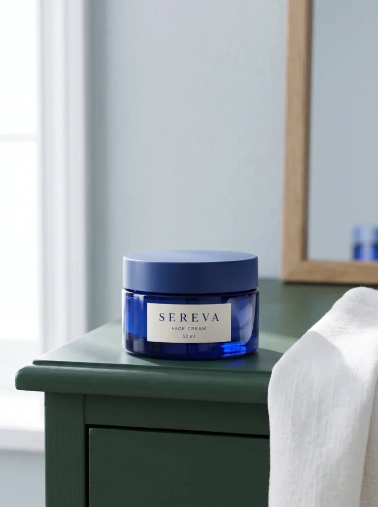 Closed cobalt SEREVA jar with a readable ivory label on a dark-green dressing chest.