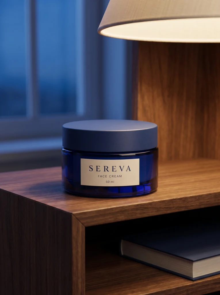 Closed cobalt SEREVA jar on a walnut bedside table beside a navy book, warm lamp and blue evening window.