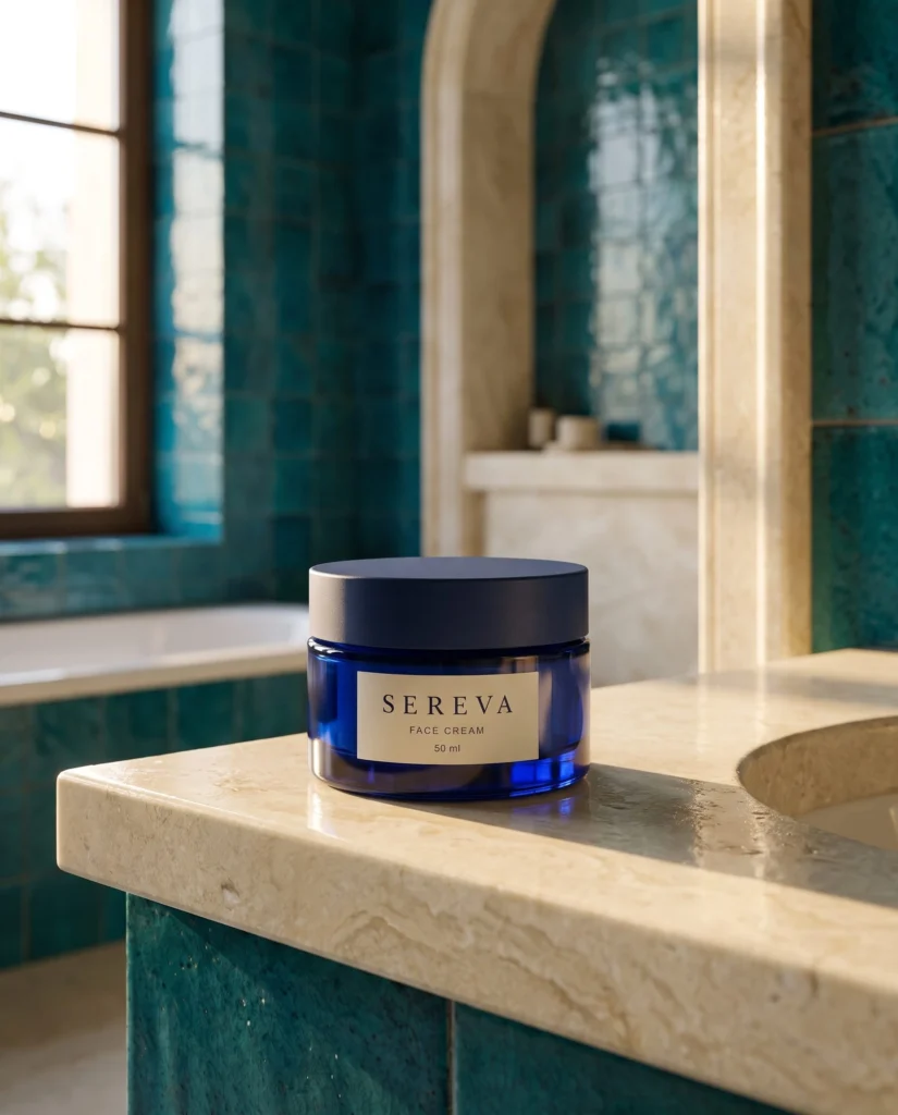 SEREVA jar beside a basin in a teal-tiled bathroom.
